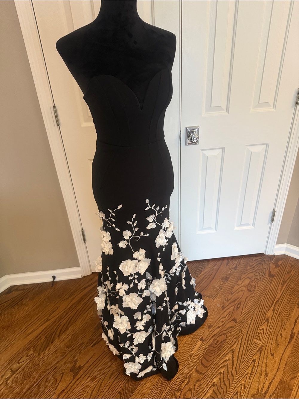 City Studio Black Strapless Gown with White Floral Appliqué